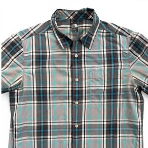 The North Face Button Down Shirt Mens Medium Grey Teal Good Plaid Short Sleeve